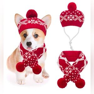 Dog Costumes Hat Scarf Set Knit Snowflake Reindeer Print 2 Pcs